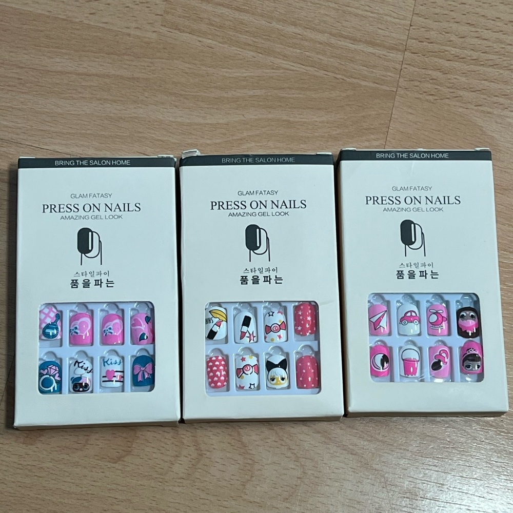 New 3 Sets 24 Piece Each girls Press On Nails